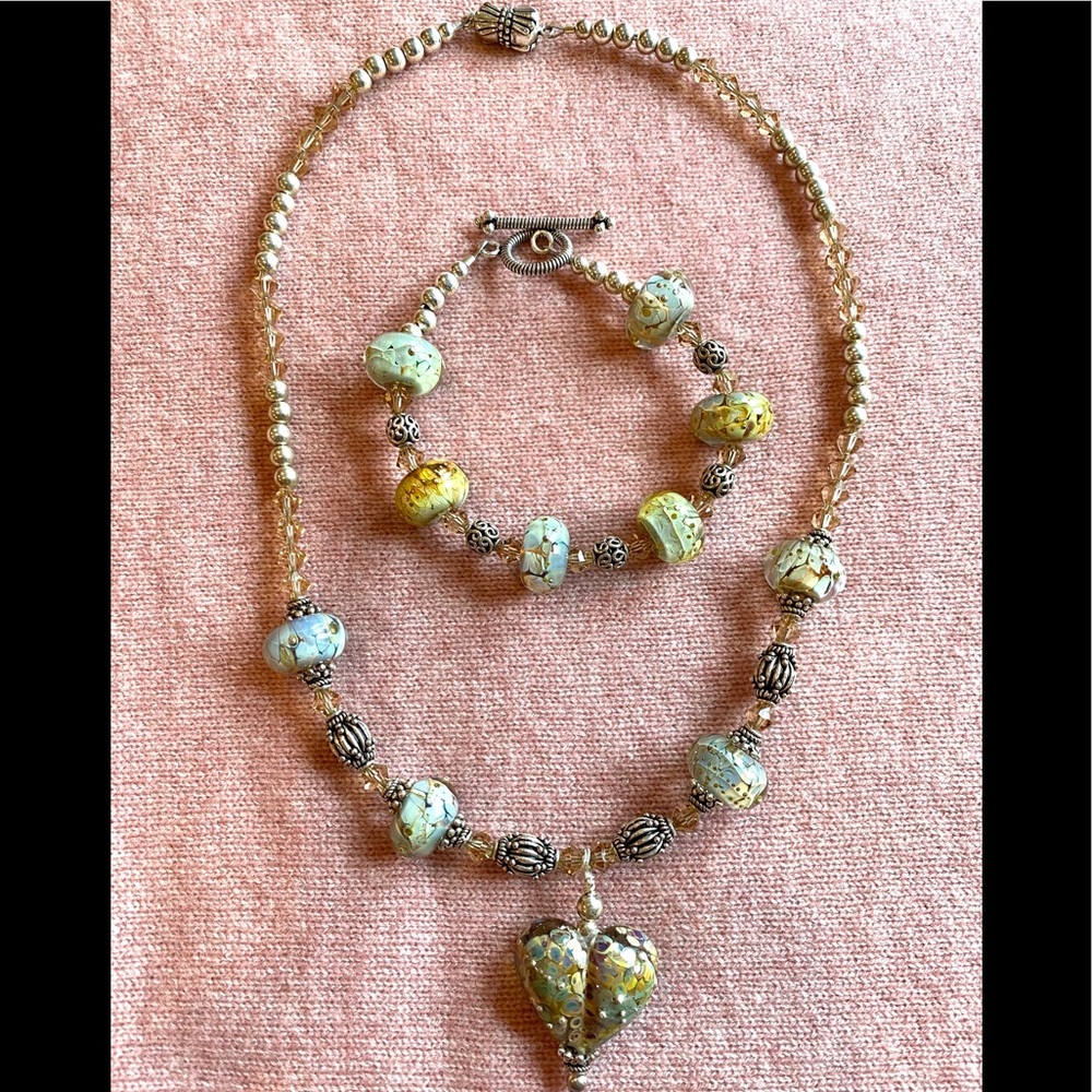 Hand blown Glass & beaded necklace & bracelet set